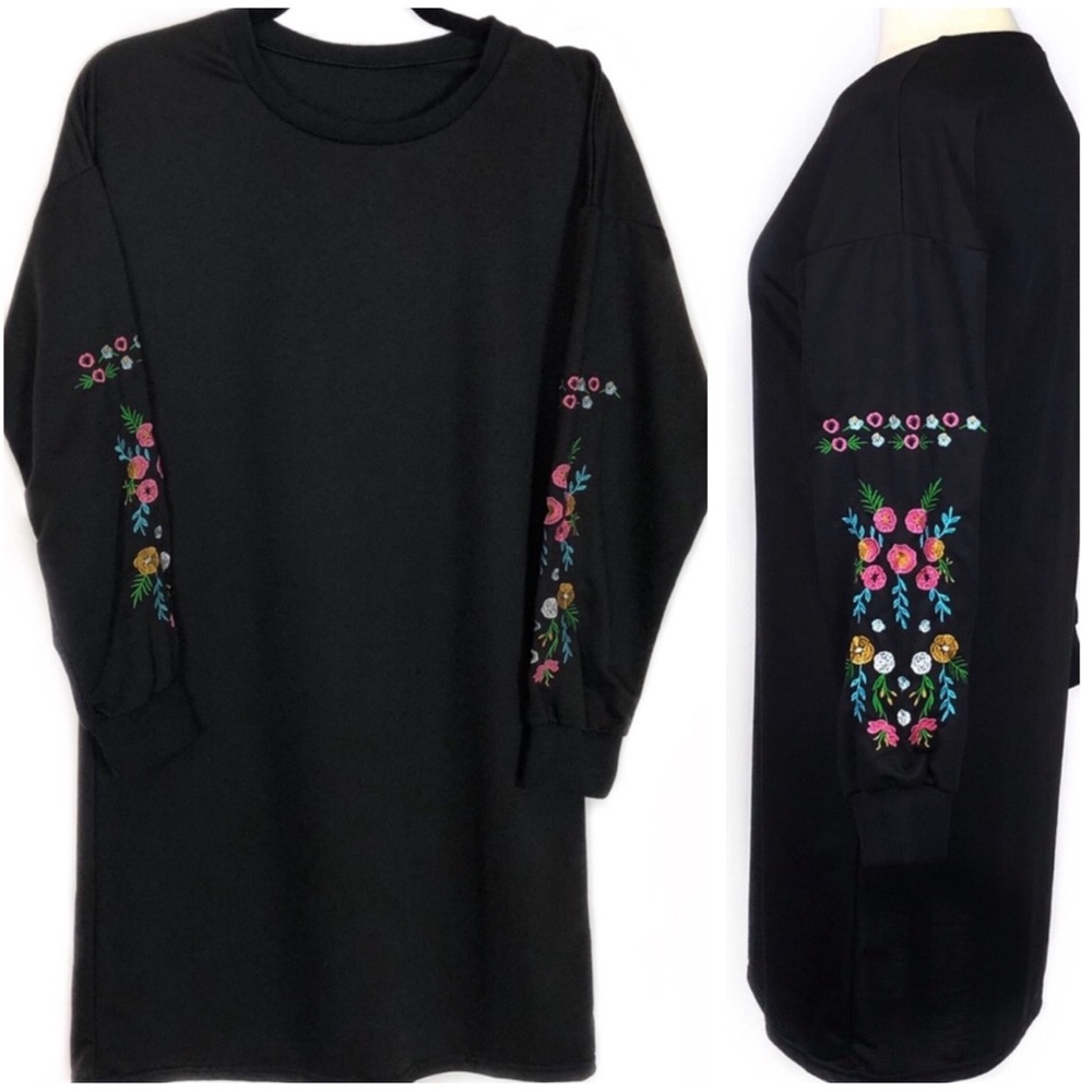 Long Sleeve Sweatshirt Dress Floral Embroidery